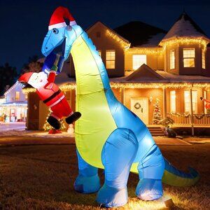 ⚡10FT Giant Christmas Inflatables Dinosaur with Santa Claus Outdoor Decorations